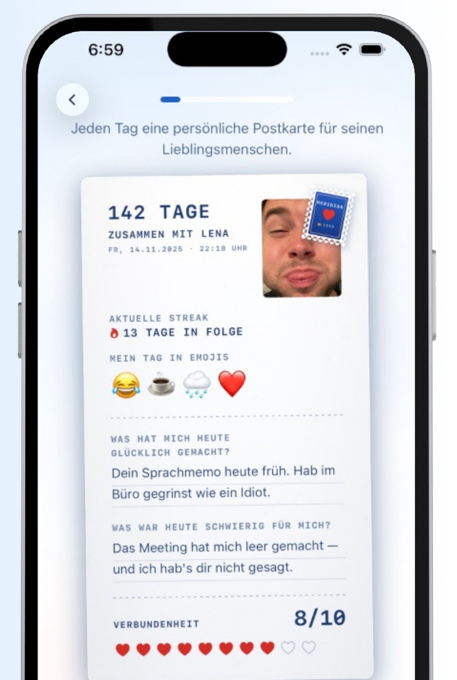 Couplemaxx App: Liebesbrief mit 142 gemeinsamen Tagen, Streak, Emoji-Stimmung und Verbundenheits-Score