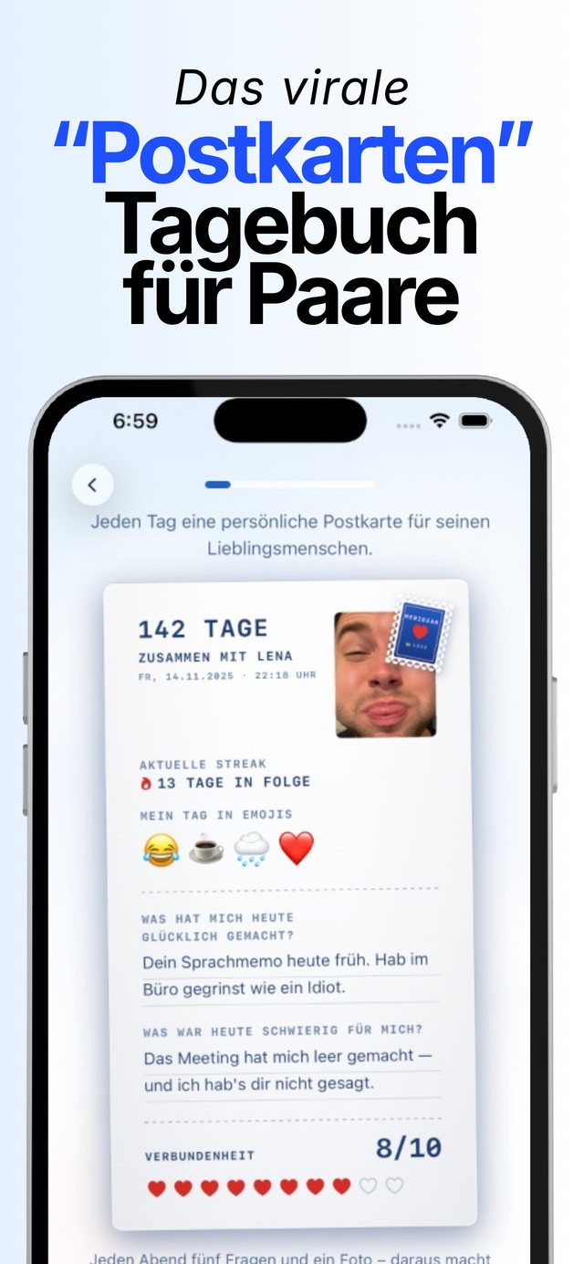 Screenshot: Das virale Postkarten-Tagebuch für Paare, mit Liebesbrief und Verbundenheits-Score