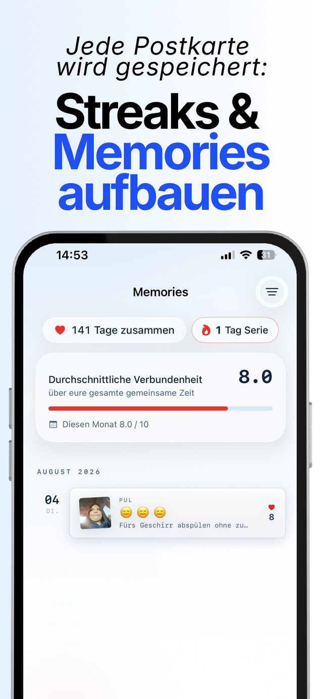 Screenshot: Memories-Archiv mit Streak und durchschnittlicher Verbundenheit